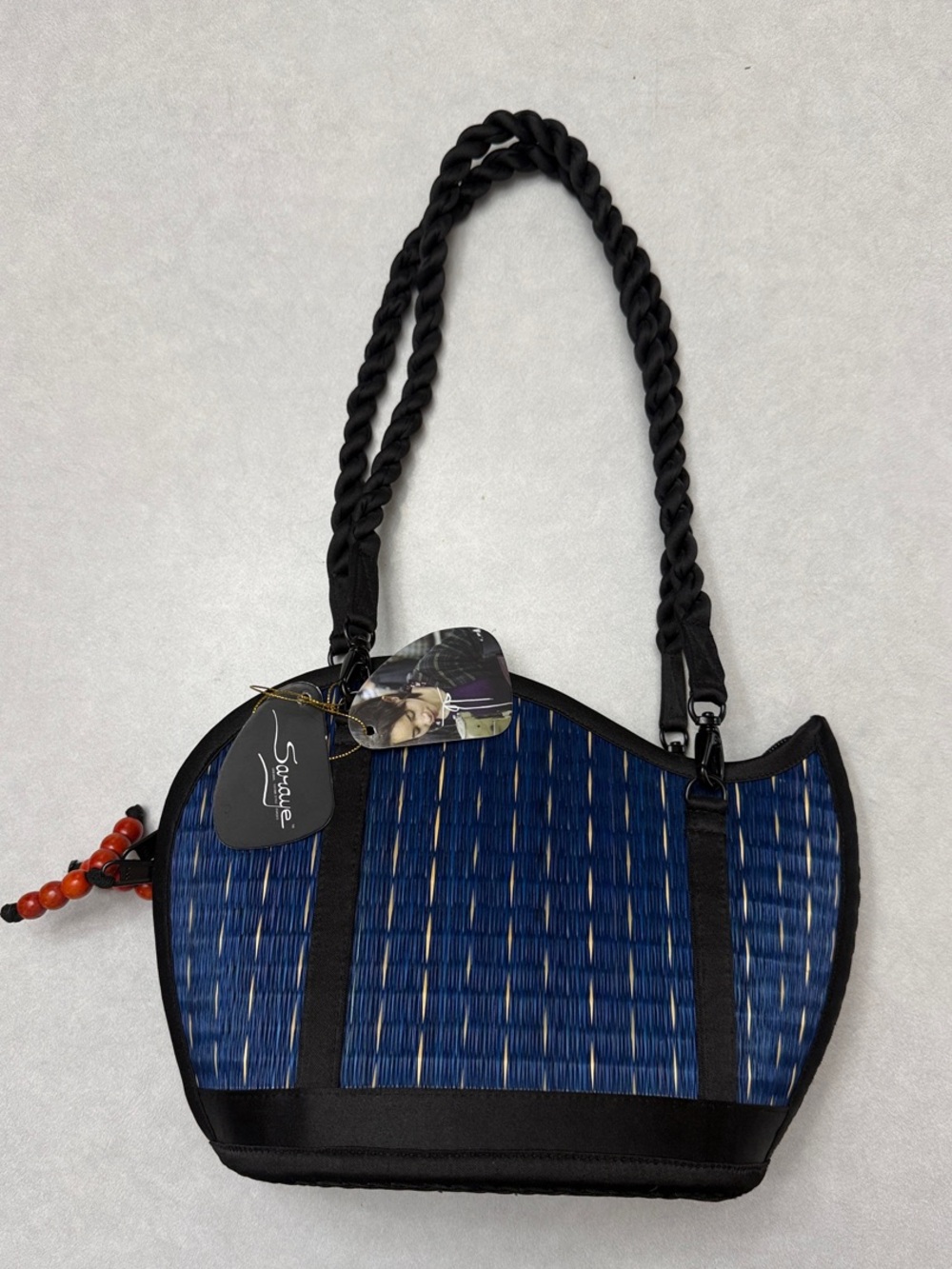 Saraye Blue Woven Shoulder Bag with Black Trim